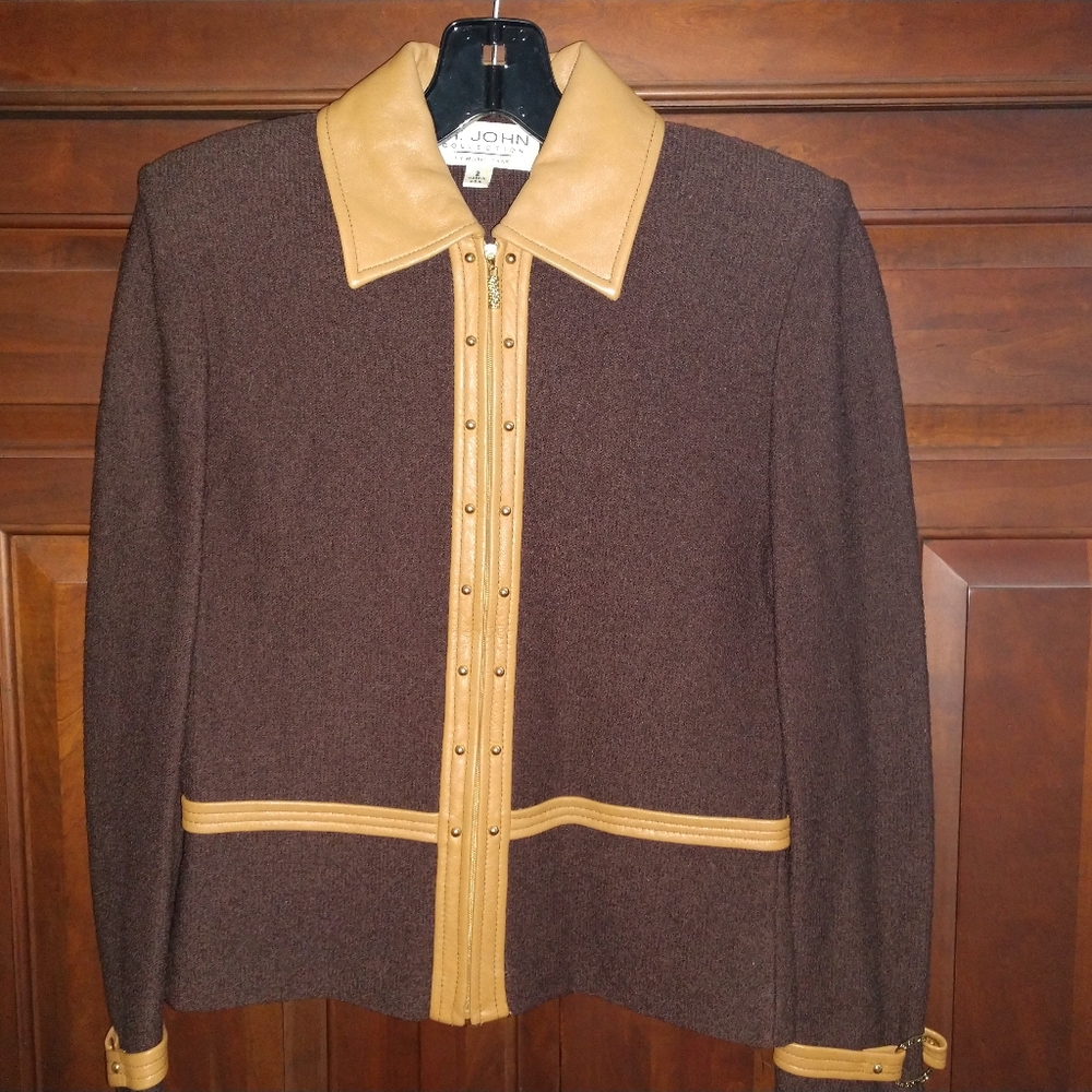 St. John by Marie Gray Chocolate Brown Jacket with Caramel Colored Leather Trim